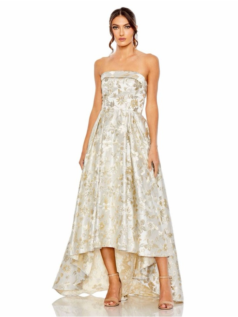 Mac Duggal White & Gold Brocade Golden Floral High Low Gown (NWT)
